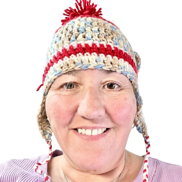Crochet Hat Blues Browns Red with Ear Flaps and Ties and Pom Pom - Picture 7 of 9